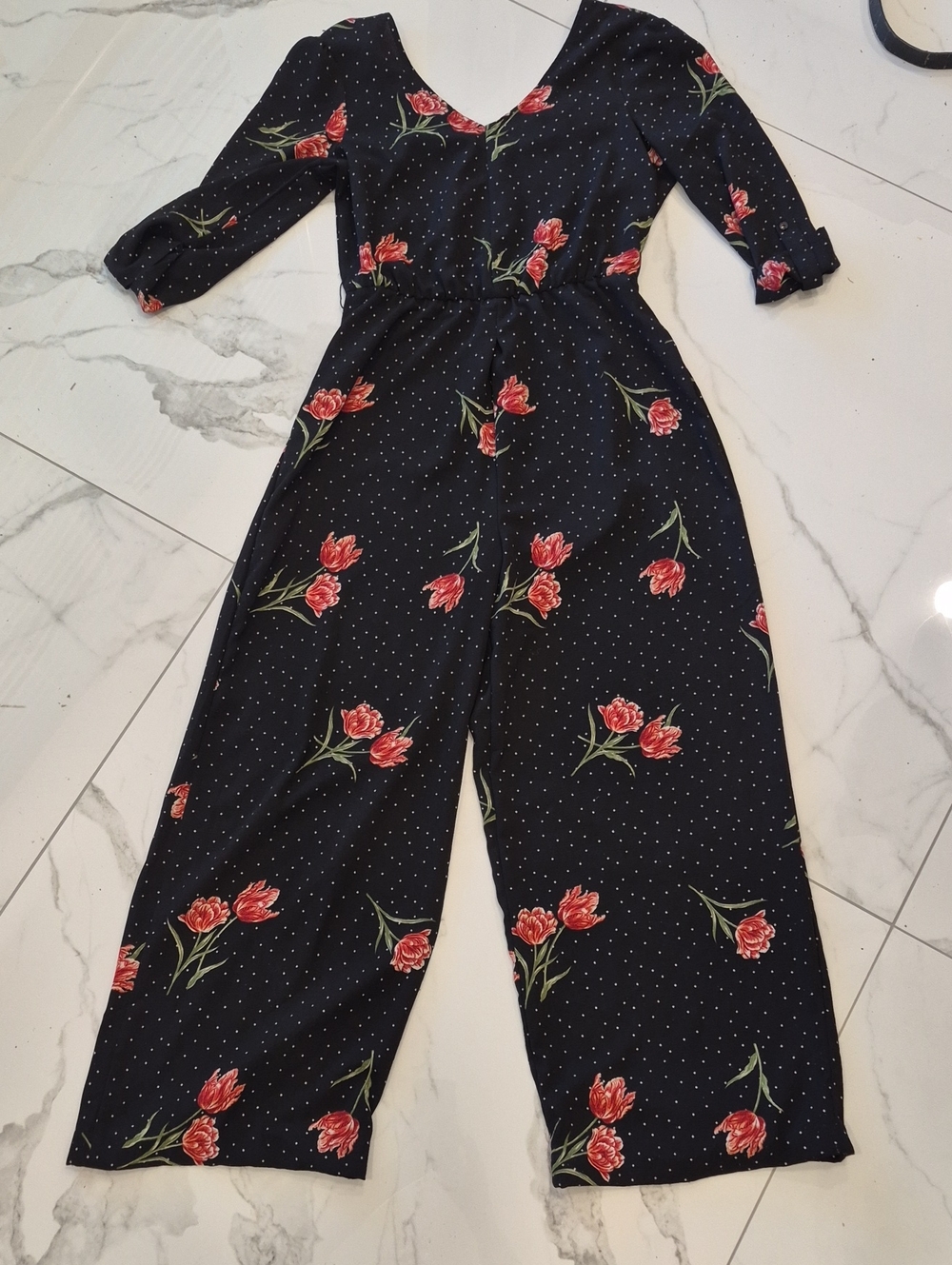 Wrapper Black Polka Dot Jumpsuit with Red Floral Print Nwot